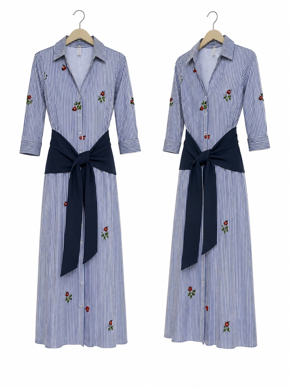 Striped Blue Maxi Shirt Dress with Navy Waist Tie and Floral Embroidery